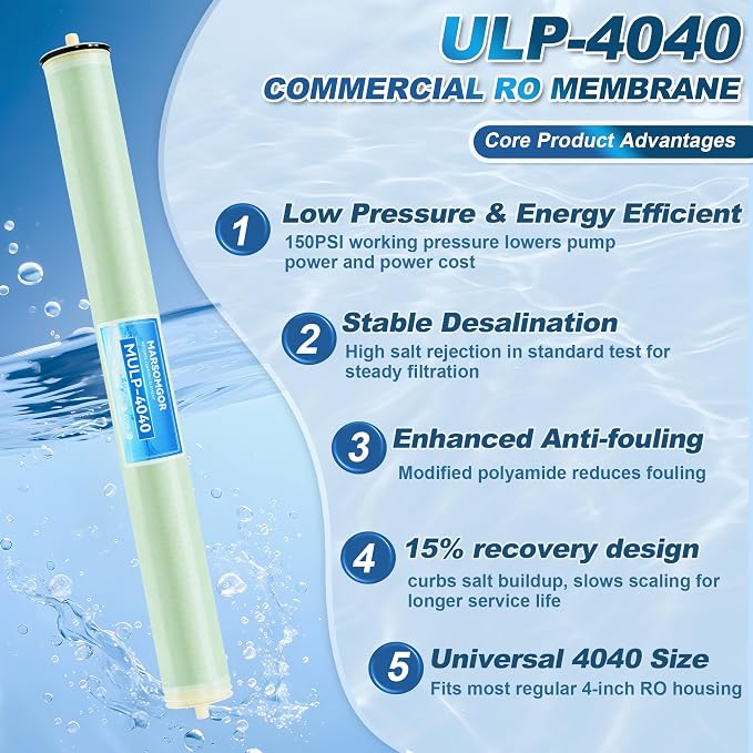 ULP-4040 Membrane, 4"×40" Ultra Low Pressure RO Membrane, NSF Certified, 2600 GPD, 99.3% Salt Rejection, TDS ≤2000 ppm, Replacement Element for Tap, Well, Ground & Municipal Commercial Water Treatment