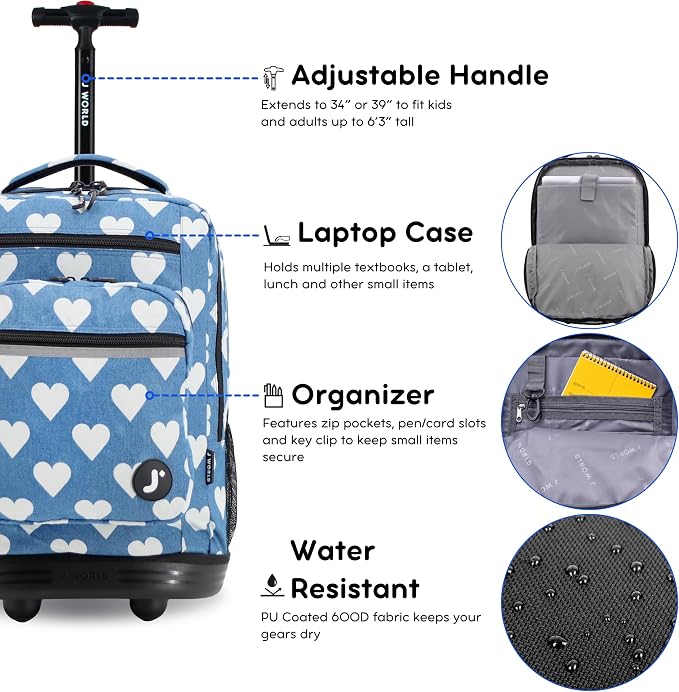 J World Sundance Laptop Rolling Backpack for Girls Boys. Roller Bookbag with Wheels, 20 Inch, Demim Heart