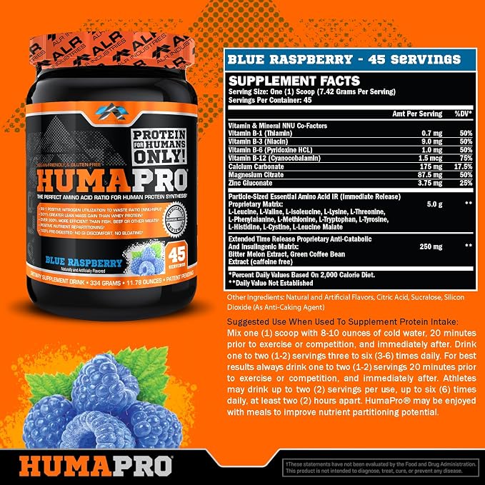 ALR Industries HumaPro Essential Amino Acid Formula | EAA Protein Supplement | Supports Muscle Recovery & Performance | Vegan, Gluten Free | 45 Servings (Blue Raspberry)