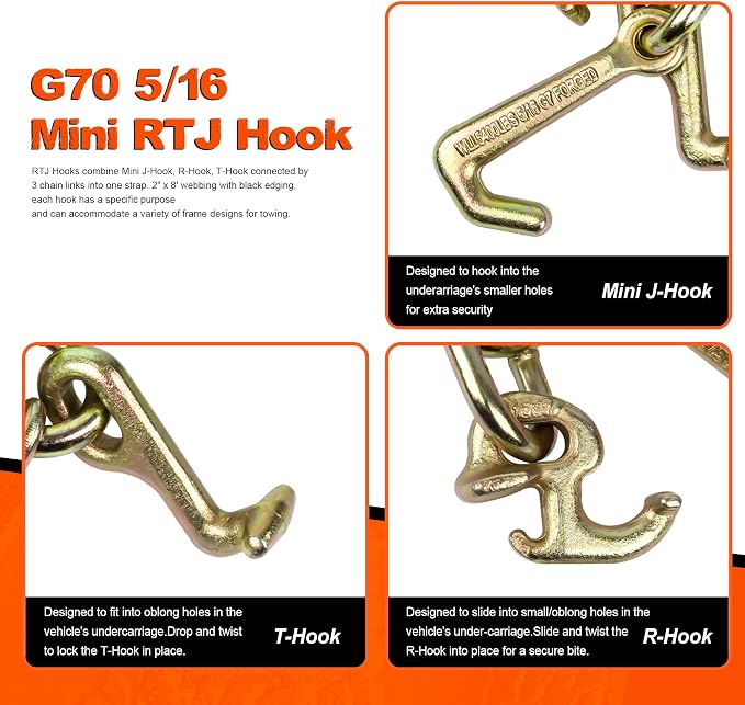 2" x 8' Strap w/RTJ Cluster Hook,4 Pack,Recovery Winch Strap,Replacement Automatic Tie Down Strap for Tow Trucks,Vehicle Wrecker tie Down Straps for Towing