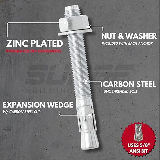 5/8 x 3-1/2" Zinc-Plated Wedge Anchors for Concrete and Cement | Heavy-Duty 5/8 Concrete Anchors (Box of 25)