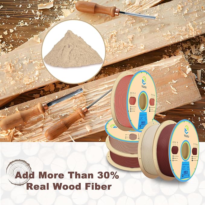 YOUSU 3D Printer Filament Bundle, Wood PLA Filament 1.75mm, Multicolor 3D Printer Filament, Add More Than 30% Real WoodFiber, Maple, Cherry, Mahogany, Bamboo,Fits for Most FDM 3D Printers,250g*4 Pack.