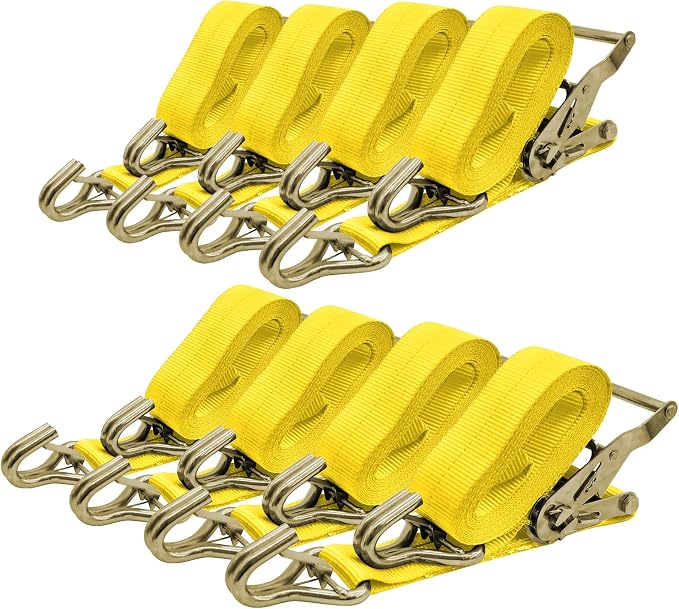 8Pack 2 inch Ratchet Straps Heavy Duty 15 ft J Hook with Anti-Loss Lock, 2 inch Tie Down Straps for Trucks, Cargo Straps Ratcheting Yellow