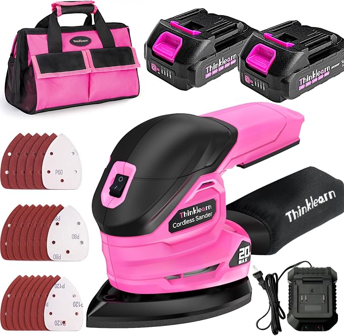 THINKLEARN Cordless Detail Sander with 2Pcs Batteries and Charger, 20V Electric Hand Sander with 22Pcs Sandpapers & Dust Collection System, Palm Sanding Tool for Woodworking, Polishing Wood Furniture