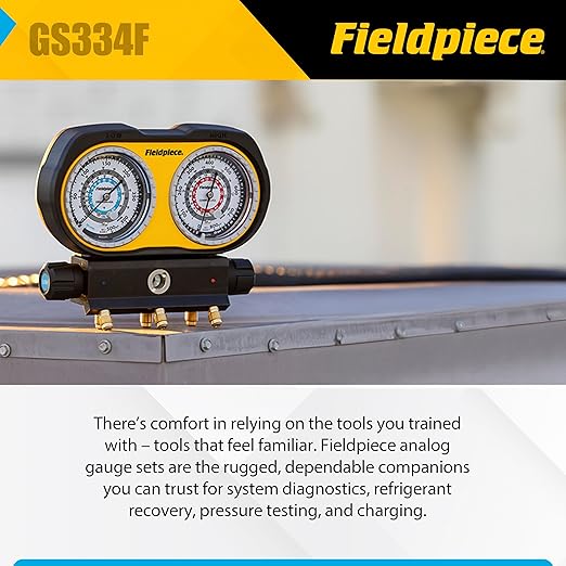 Fieldpiece GS334F 3-Port Analog Gauge Set – HVACR Refrigerant Manifold with Sight Glass, Swappable Hose Holders & High-Grip Knobs – Reliable Field Diagnostics
