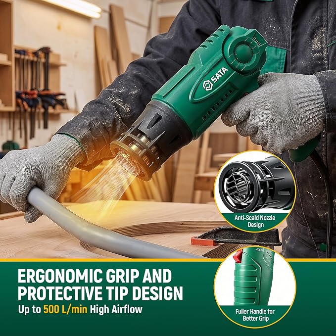 SATA Heat Gun with LCD Display, Variable Temperature 120℉-1200℉ Hot Air Gun with Memory Function and One-Touch Cooling for Vinyl Wrap, Paint Remover, Heat Shrink and Crafts, Anti-Scald Air Nozzle