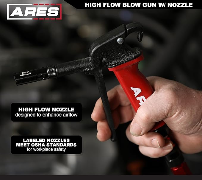 ARES 17004 – High Flow Air Blow Gun – Heavy Duty Aluminum Die Cast Body – Includes Ultra High Flow Nozzle - Meets OSHA Standards