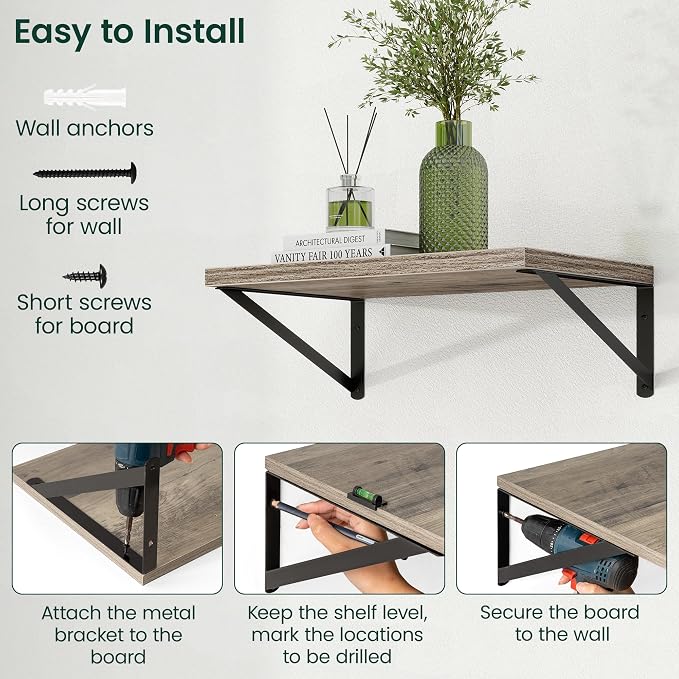 Floating Shelves 12 Inch Deep, 16W x 12D Wall Shelf Set of 2, 35 lbs Heavy Duty Reversible Metal Brackets, Deep Industrial Book Shelf for Living Room Kitchen Bath Bedroom Coffee Bar, Grey