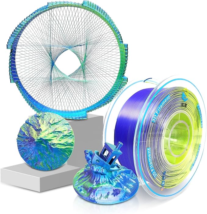 YOUSU 3D Printer Filament, Tri-Colors PLA Filament 1.75mm, Coextrusion Silk PLA Filament, Rainbow PLA Filament with Silk PLA Blue-Purple-Yellow, 3D Printing Filament +/-0.02mm, 1kg/2.2lbs