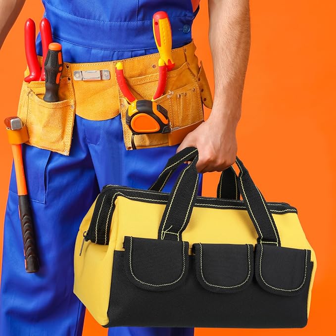 Silkfly 8 Pcs Tool Bags for Men Heavy Duty with Waterproof Hard Bottom Wide Mouth Large Tool Tote Bag Multi Pockets Organizer Tools Kit for Electrician Carpenter Mechanic Dad Gifts(13 Inch)