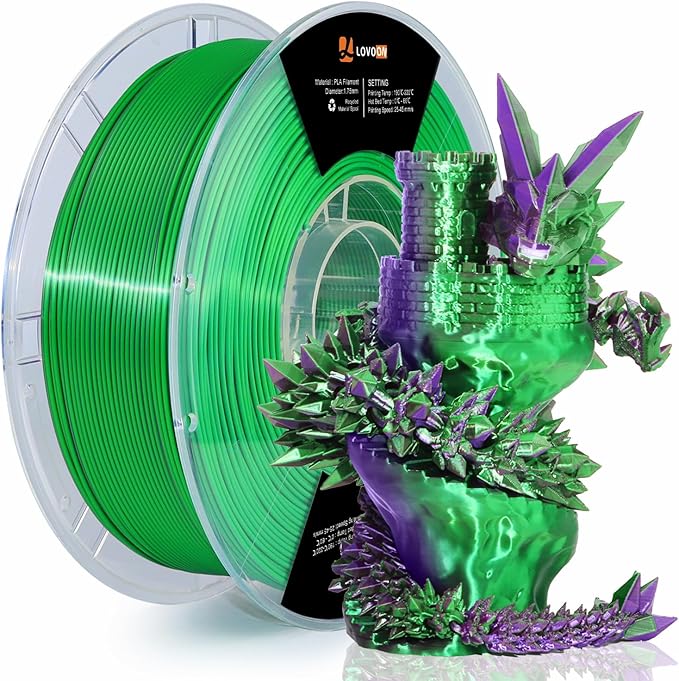 LOVOON PLA 3D Printing Filament Multicolor PLA Filament 1.75mm Silk Dual Color Change by Angle Filament Pla 1.75, Fit Most 3D Printer& 3D Pen, Silk Green/Purple, 1KG(2.2lbs)/Spool