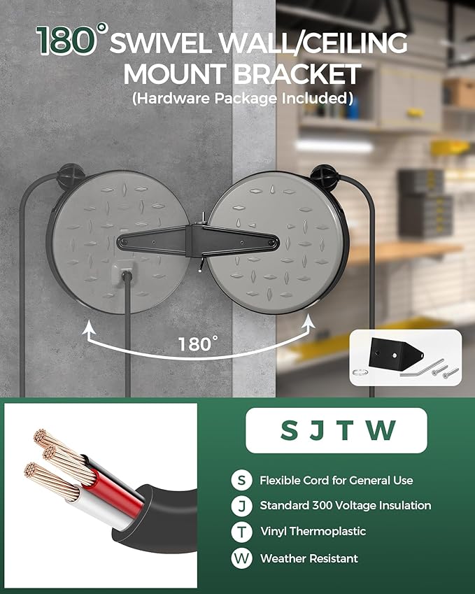 18W LED Work Light and 30 Ft Retractable Extension Cord Reel Bundle, for Garage, Workshop, Car Repair Scene, ETL Listed J04WL06-S30CR06