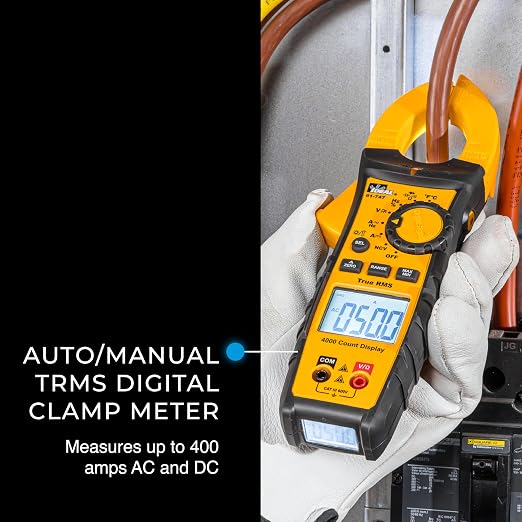 IDEAL Electrical 61-747 TightSight 400 Amp 600-Volt Digital Truerms AC/DC Clamp Meter, CAT III 600V, Dual Backlit Displays, Flashlight, NCV 40–600V, Temp, Continuity, Capacitance, Diodes, Probe Holder