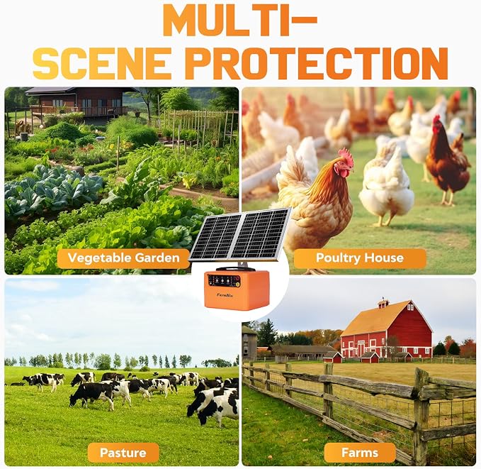 24 Hour Solar Electric Fence Charger, 30 Miles Solar Fence Energizer, 12KV Adjustable Output, 1.5J Solar Charger, 15W Solar Powered Electric Fence Kit for Livestock, Predator Protection