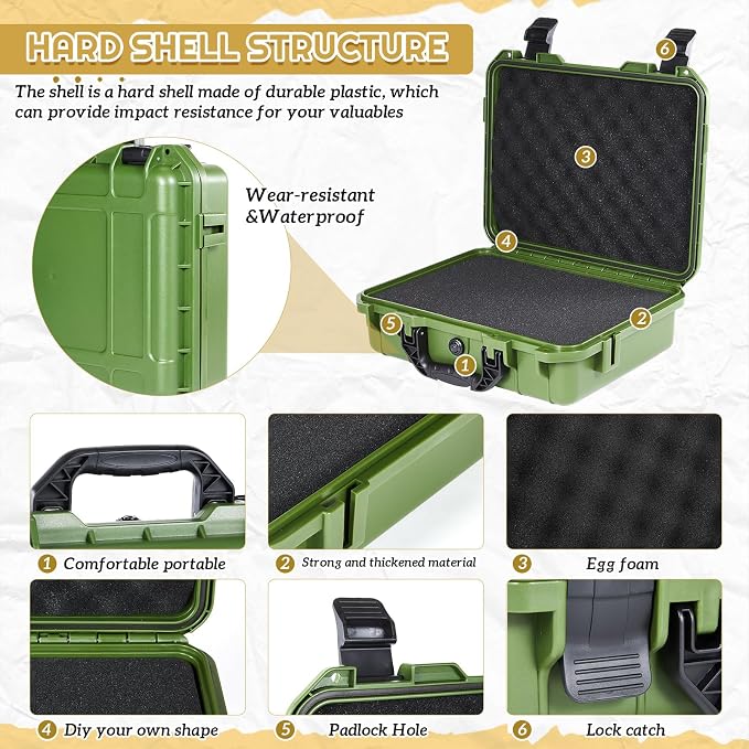 Relaxweex 1 Pcs Waterproof Hard Case with DIY Customizable Foam Insert Portable Protective Case with Knife for Camera Drones Equipments Tools Test Instruments(Green,11.3 x 8.7 x 4.2 Inch)