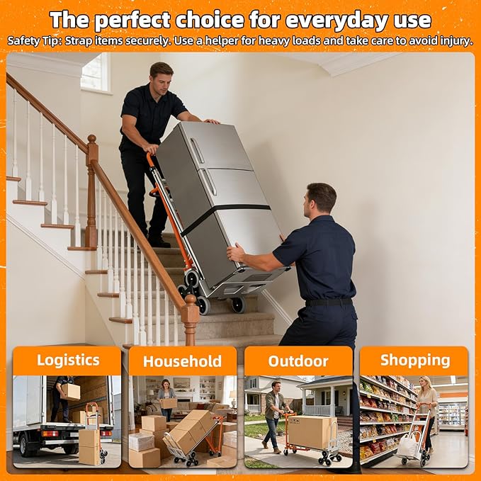 Aluminum 4 in 1 Convertible Hand Truck Dolly Cart with Wheels, 1000Lbs Capacity, Heavy Duty Stair Climbing Hand Trucks with Bungee Cord&Strap for Flat Ground & Stairs, Logistics, Home, Office, Orange