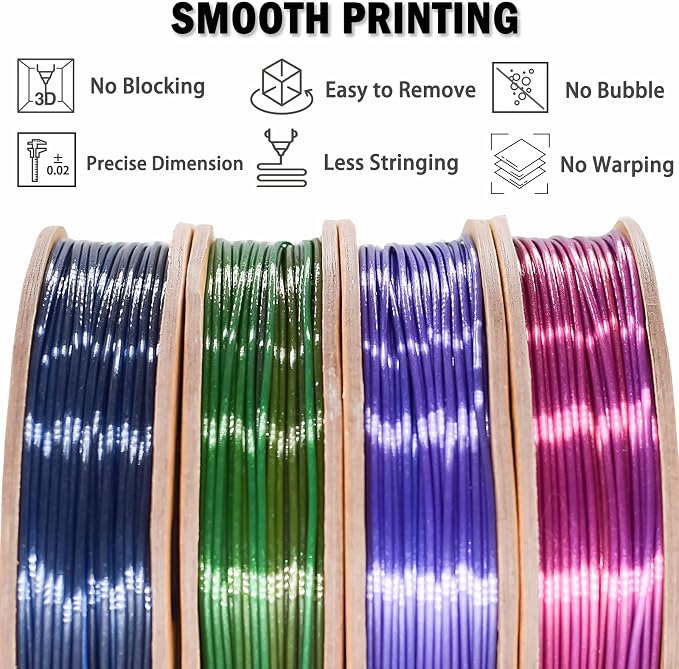 OVV3D Rainbow PLA Filament Bundle 3D Printer Filament, Silk PLA Filament 1.75mm, Silk Black Purple Green Blue and Red Purple Blue 3D Printing Filament, 200g X 4 Spools