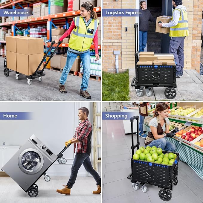 KEDSUM 4-in-1 Convertible Dolly Cart with Folding Crate, 600LBS Heavy Duty Hand Truck Dolly, Hand Truck with Adjustable Handle Angle & Expandable Base for Home,Warehouses,Dorm, Collapsible