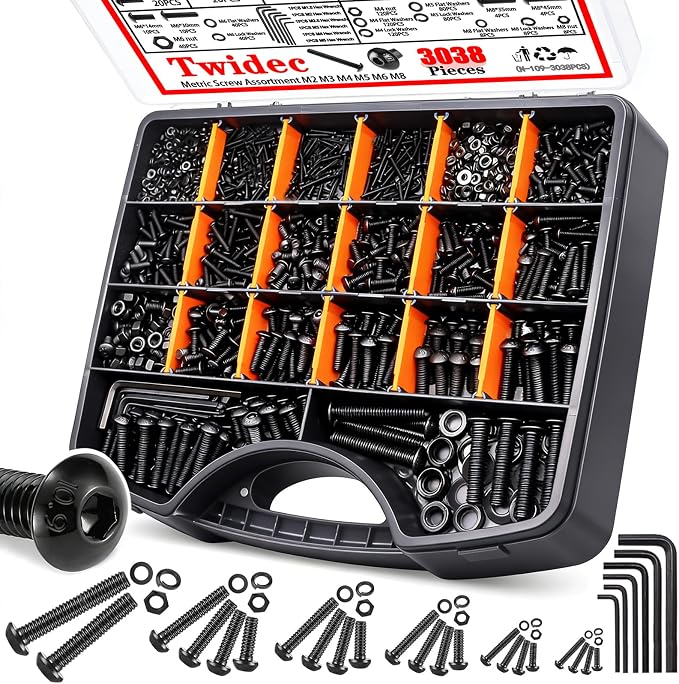 Twidec/3038PCS Metric Screw Assortment M2 M3 M4 M5 M6 M8 Machine Screws(4mm-45mm long) Grade 10.9 Button Head Hex Socket Cap Screws Metric Bolts Nuts Washer Assortment Kit Black Screws