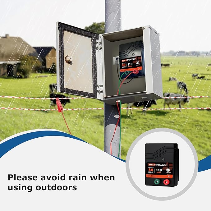 Electric Fence Charger AC Powered 110 Miles, 110 Volt 8 Joule Plug-in Electric Fence Energizer, Output Voltage Max 11.3 KV for Livestock, Preventing Predators from Intruding