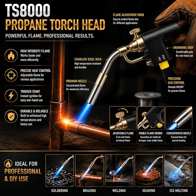 TS8000 Propane Torch Head by Wadoy, High Intensity Trigger-Start Soldering Torch Compatible with MAPP/Propane for Soldering, Brazing, Welding, Searing Steak, Map Gas Propane Torch Head