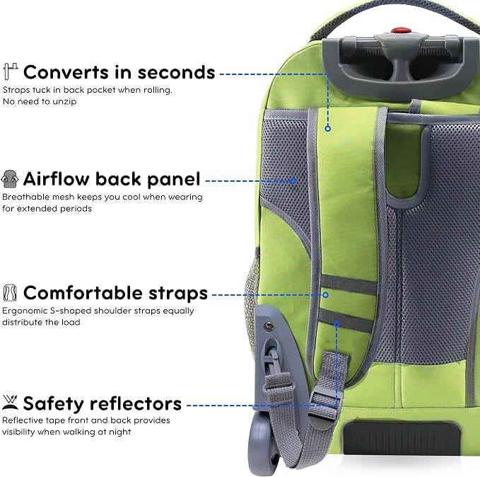 J World Sundance Laptop Rolling Backpack for Girls Boys. Roller Bookbag with Wheels, 20 Inch, Celery