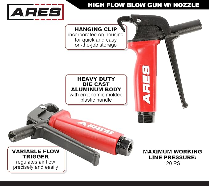 ARES 17004 – High Flow Air Blow Gun – Heavy Duty Aluminum Die Cast Body – Includes Ultra High Flow Nozzle - Meets OSHA Standards