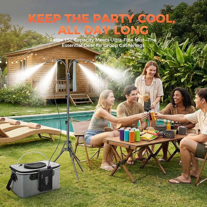 Portable Misting System with 15L Bucket, 10000mAh Battery Powered Standing Mister for Outside Patio, 4.2FT Adjustable Height Wireless Water Cooling Set for Backyard, Pool, Camping & BBQ -Grey