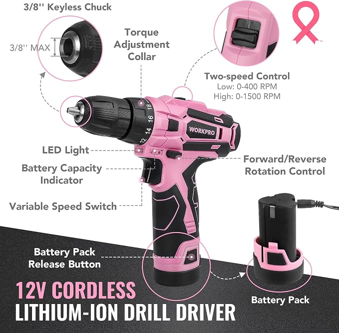 WORKPRO Pink Tool Set with Power Drill, 108PCS Portable Ladies Pink Drill Kit for Home with Toolbox and Hammer, 1.5 Ah Cordless Drills with Keyless Chuck and Variable Speed Trigger