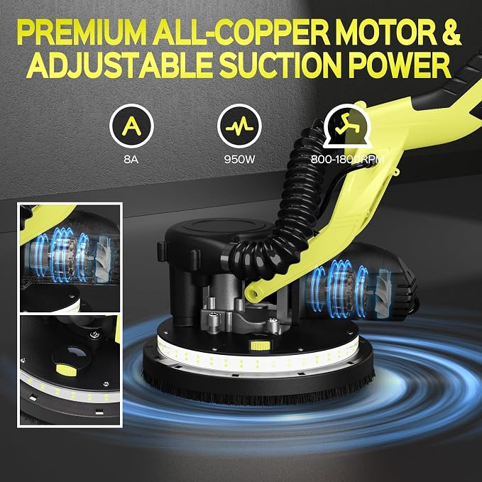 Drywall Sander, Popcorn Ceiling Removal Tool with 7 Variable Speed 800-1800RPM, 2026 Upgraded 8-Amp Drywall Sander with Vacuum Dust Collector with 12pcs Sanding Discs, Extendable Handle, LED Light