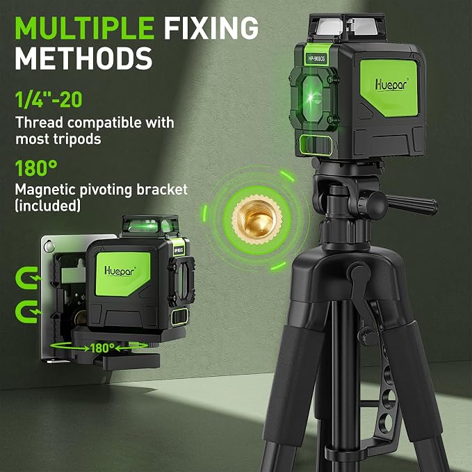 Huepar 901CG Green Laser Level with TPD14 56" Adjustable Laser Level Tripod, Alignment Self-Leveling Cross Line Laser Tool with 360-Degree Horizontal Line, Extendable Tripod with 3-Way Swivel Pan Head
