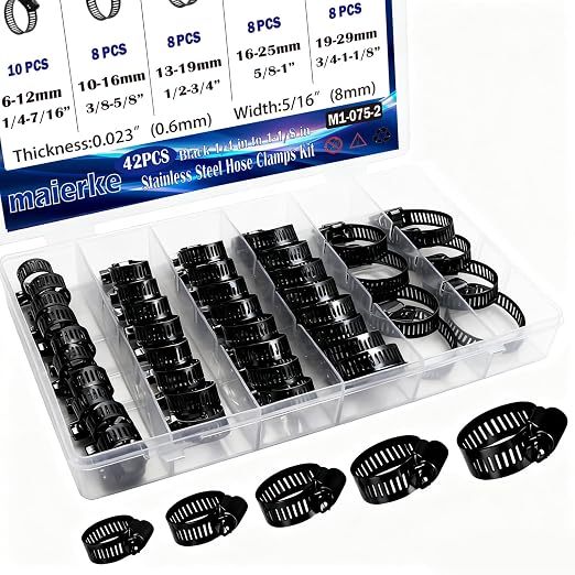 42PCS Black Stainless Steel Hose Clamps Assortment Kit,Metal Adjustable 1/4''–1-1/8''(6-29mm) Worm Gear Hose Clamp Small Hose Clamps for Automotive,Radiator Pipe,Plumbing,Fuel Line