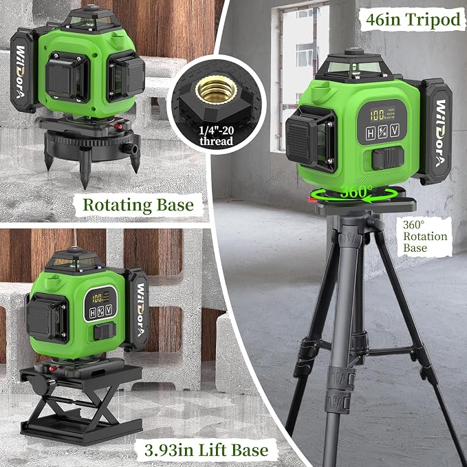 Laser Level 360 Self Leveling with Tripod, Remote Control 4D Green 16 Line Laser Leveler Tool with 2x4800mAh Li-ion Batteries & Hard Carry Case, Laser Level for Construction & Renovation