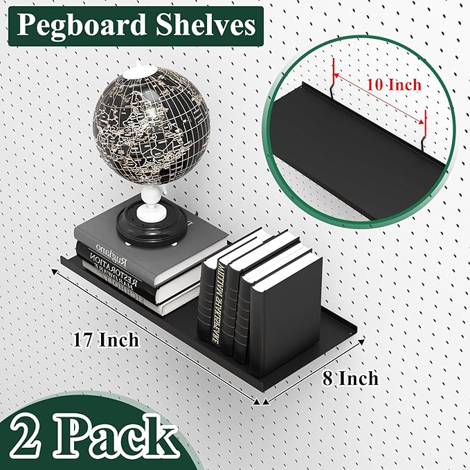 17X8 Inch Large Pegboard Shelves Set of 2, Metal Peg Board Shelves Accessories, Flat Display Shelves for Pegboard, Metal Retail Display for Storage and Organization, Black