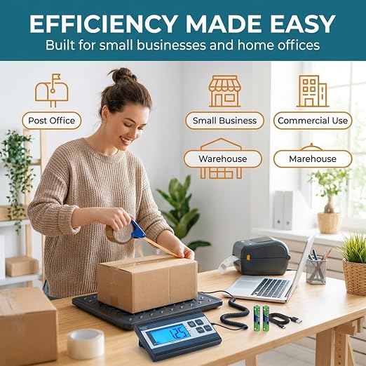 Smart Weigh Digital Postal Shipping Scale, 440 lb Capacity, 1 oz Readability, Tare Function, Battery or USB-C Power, Corded Display, Stainless Steel Large Platform, Black