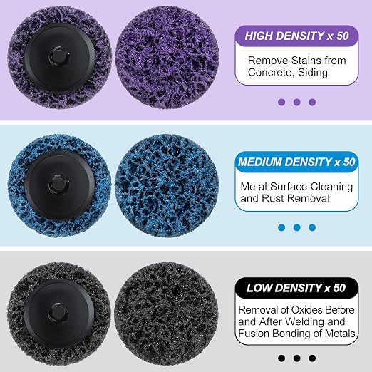Macarrie 150 Pcs 2 Inch Surface Conditioning Sanding Discs Quick Change Fine Medium Coarse Sanding Pads Die Grinder Accessories for Surface Strip Grind Polish Burr Finish(Black,Blue,Purple)