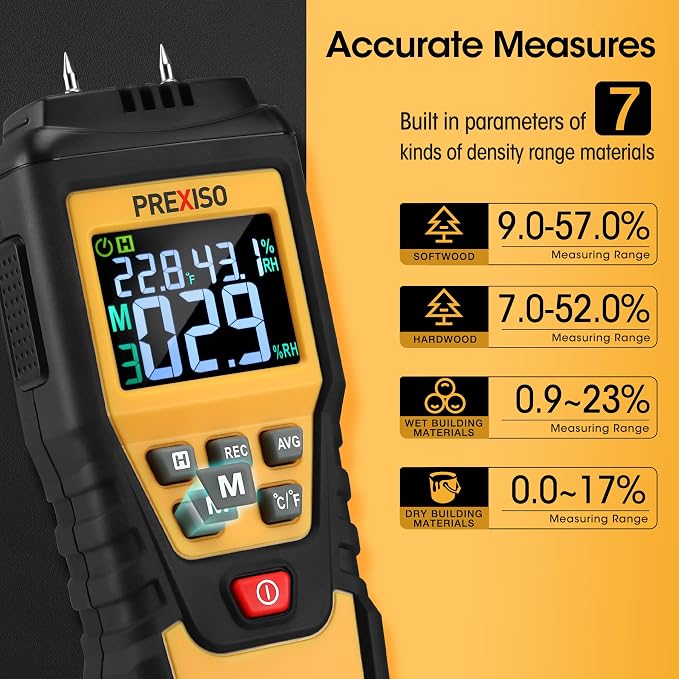 PREXISO 7-in-1 Digital Wood Moisture Meter & PREXISO Multi Surface Laser Level LED Light Vial, 30Ft Horizontal and Vertical Line Laser