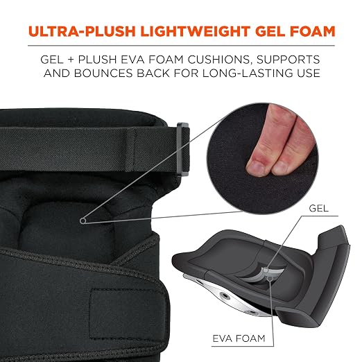 Gel Foam Knee Pads with Comfort Hinge Straps, Soft Fabric Cap, Buckle Closure, Ergodyne ProFlex 450 ,Black