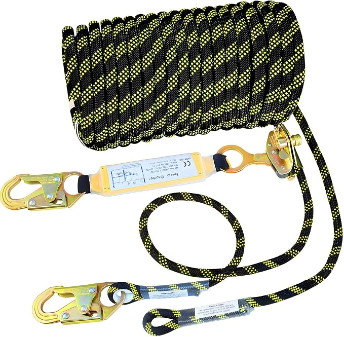 50FT Fall Protection Safety Rope, Heavy Duty Vertical Lifeline Assembly with Grab Snap Hooks Shock Absorber, Safety Lanyard for Roofing Tree Climbing Construction