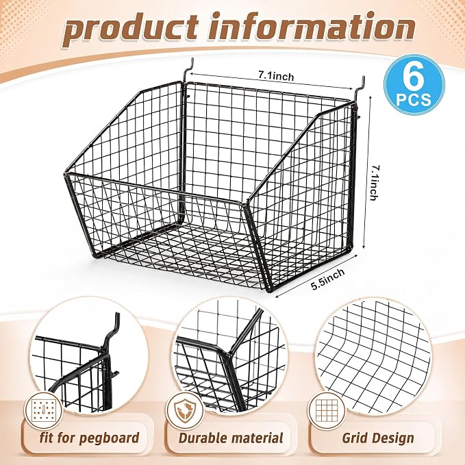 Reallnaive 6 Pack Black Pegboard Baskets Metal Wire Shelf Baskets 7.1 x 7.1 x 5.5 in Peg Board Organizer Accessories Wall Mount Organizer Bins for Tool Storage Craft Garage Workbench Room