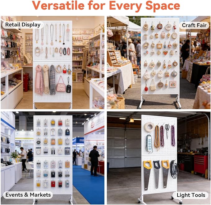 2'×5.5' Standing Peg Board Display Stand with Wheels & 30 Hooks & T-Base, Metal Portable Heavy Duty Pegboard Display Rack with Locking Casters for Retail Store, Craft Show, Vendors, Art Display White