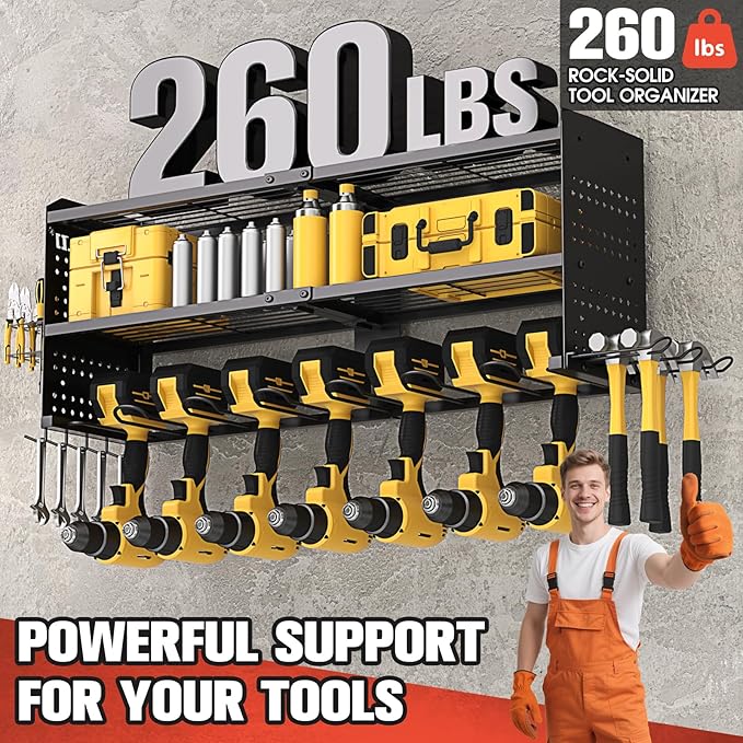 Large Power Tool Organizer Wall Mount, 3-Tier Heavy Duty Metal Loads 260 lbs, 9 Cordless Drill Holder Garage Tool Storage Rack, Utility Shelf for Workshop Shed Basement, Gifts for Men Dad Husband