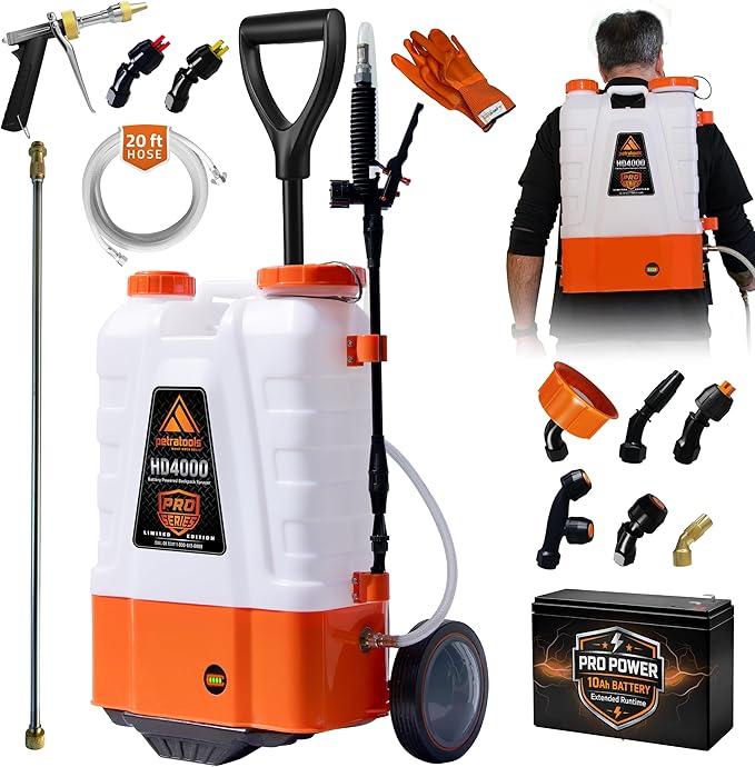PetraTools Battery Powered Backpack Sprayer 4 Gallon - 8 Hours Long Battery Life & Padded Straps for Comfort - HD4000 Electric Backpack Garden Sprayer with 9 Spray Nozzles (HD4000 ProSeries with Cart)