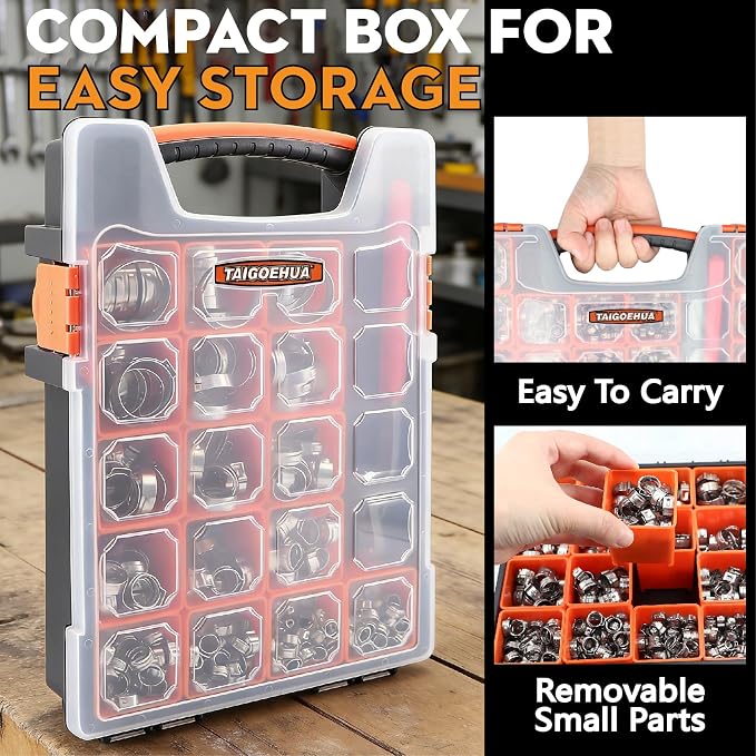 360Pcs Single Ear Hose Clamps,16 Sizes 5.3-36.1mm 304 Stainless Steel Stepless Crimp Clamps Assortment Kit with Ear Clamp Pliers for Automotive Fuel Line,PEX Pipe,Home Appliance