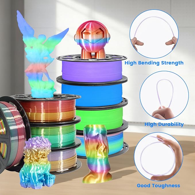 MIKA3D 8 Spools Different Popular Colors 3D Printing Filament PLA Bundle, 1.75mm 4 Different Silk Rainbow PLA, 4 Different Glow in Dark PLA, Total 8 Spools Packed, 0.25kg/Spool, Total 2kg