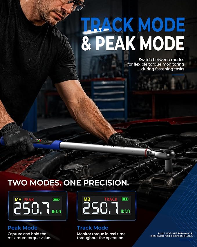 Digital Torque Wrench 1/2 Drive ±2% Accuracy Auto Truck SUV Repair | 12.54-250.7 ft-lb (17-340 N.m)，1000 Data Storage + 8 Presets，Peak & Track Mode，Color LED & Buzzer Alerts，Quick Release Head