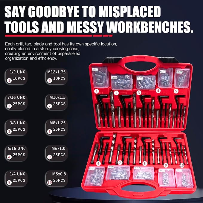 Helicoil Thread Repair Kit 262 Pc Metric & SAE Helicoil Repair Kit Includes M5 M6 M8 M10 M12 1/4" 5/16" 3/8" 7/16" 1/2" Kit with Thread Gauge