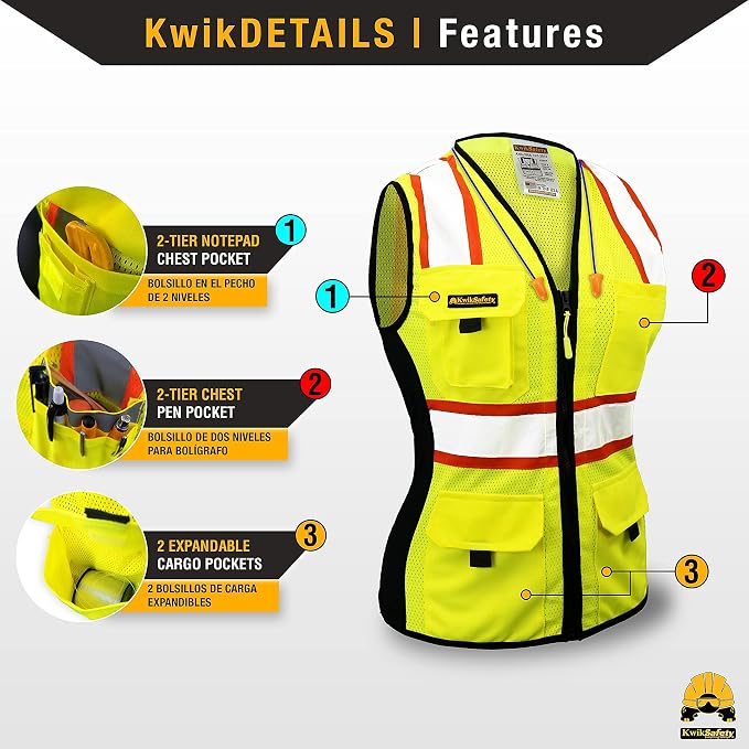 KwikSafety FIRST LADY Safety Vest for Women [Yellow, XL] + TORTOISE Full Brim Hard Hat Bundle