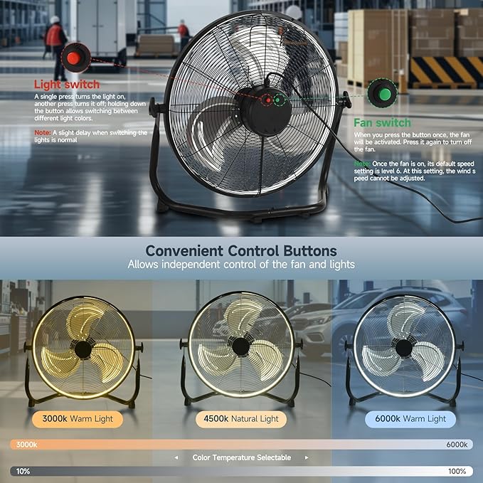 AHAWILL 20" High Velocity Metal Floor Fan with Light,6-Speed Plug-in Fan with Remote & APP,Industrial Fan with Rear Buttons,360° Tilt & 3CCT,Wall Mountable,Anti-Vibration for Garage,Warehouse,Shop,Gym