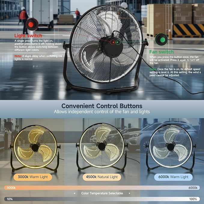 AHAWILL 16" High Velocity Metal Floor Fan with Light,6-Speed Plug-in Fan with Remote & APP,Industrial Fan with Rear Buttons,360° Tilt & 3CCT,Wall Mountable,Anti-Vibration for Garage,Warehouse,Shop,Gym